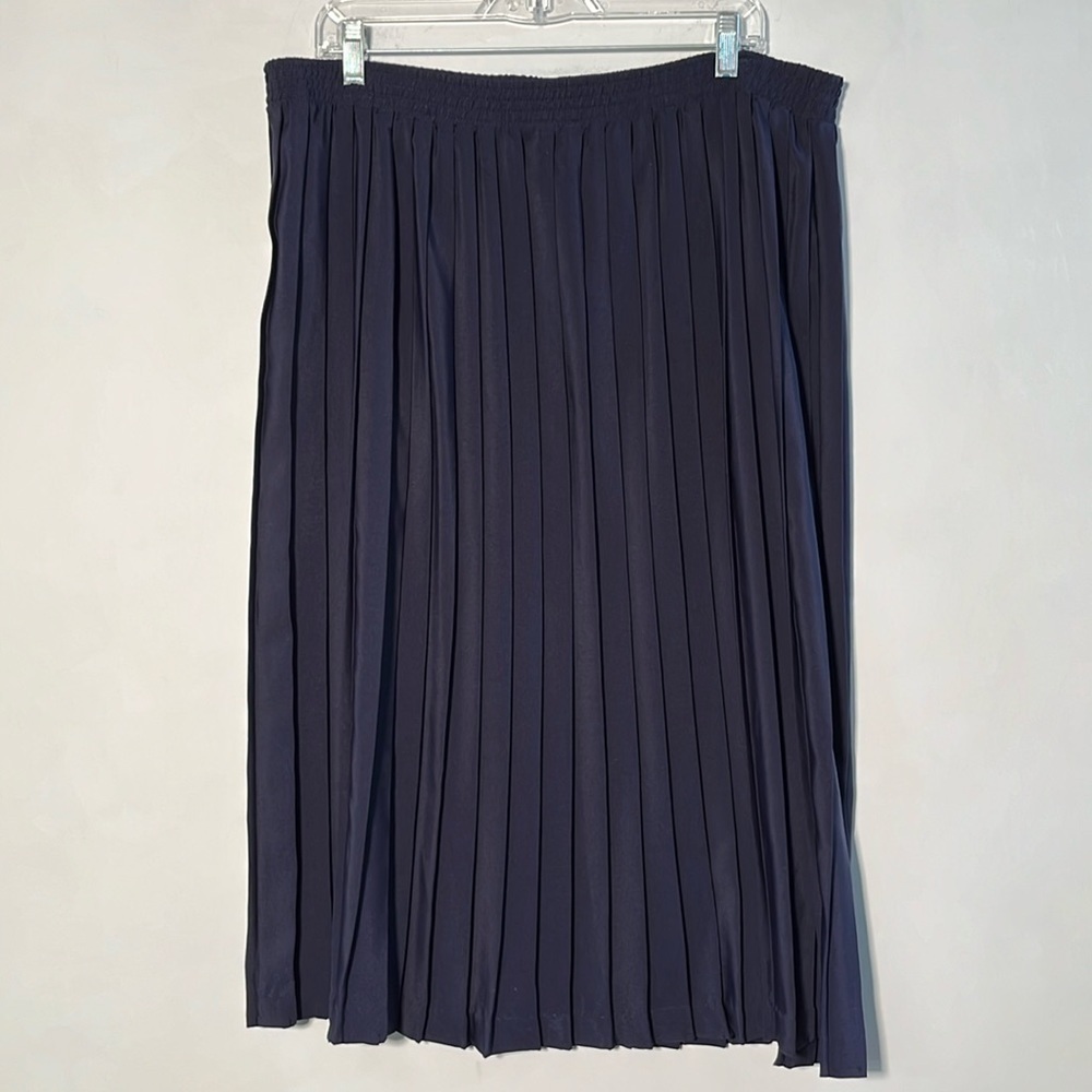 GIANNA Pull On Elastic Waist Midi Length Navy Pleated Full Career Skirt SZ 16